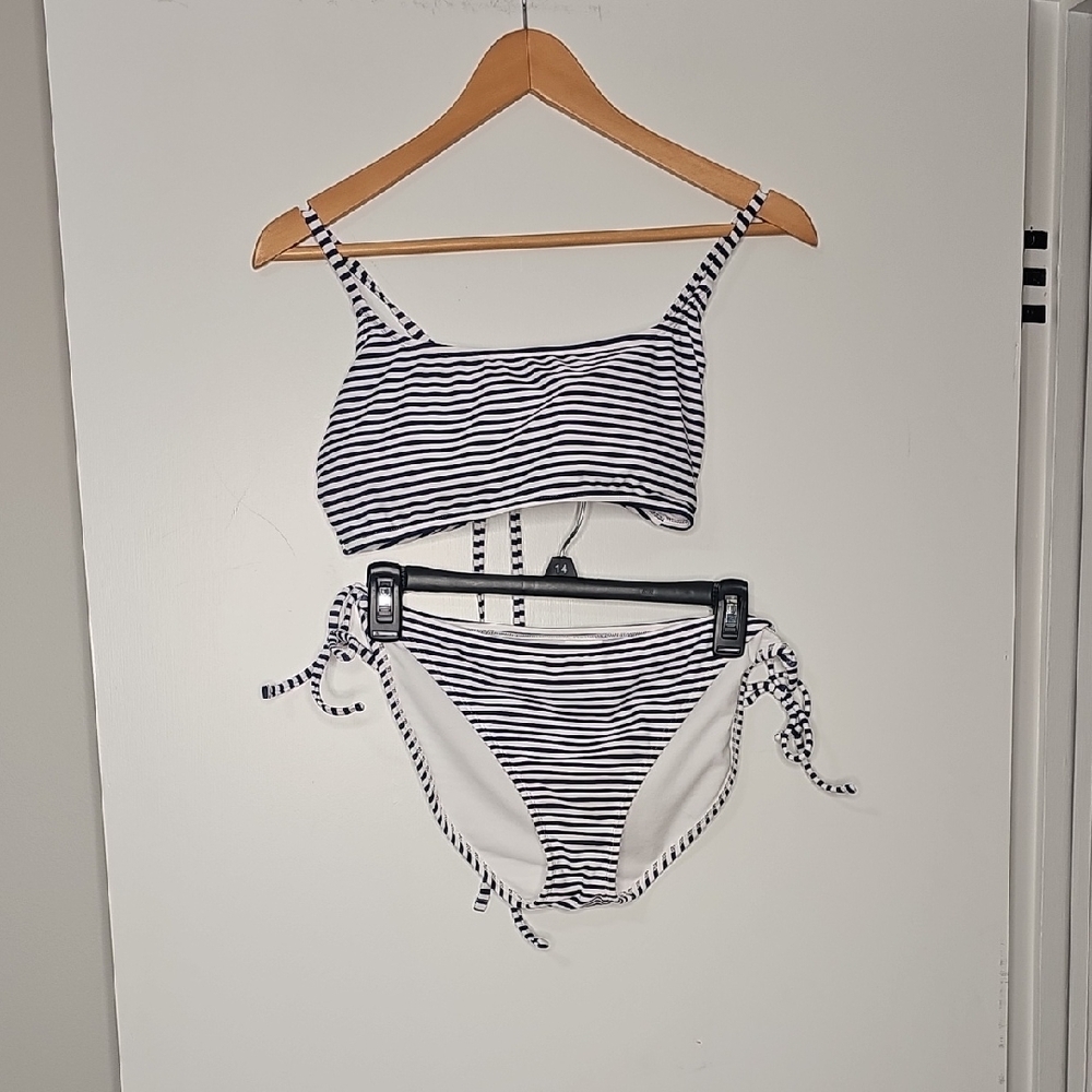 Xhilaration Navy and White Striped Swimwear